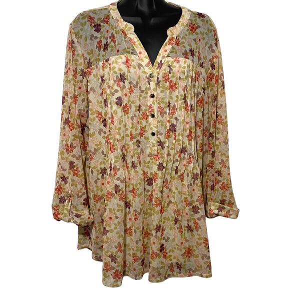 Cocomo Womens Blouse Size 2X Floral Pintuck Stretch Pullover Rolled Tab Sleeves - Picture 1 of 11